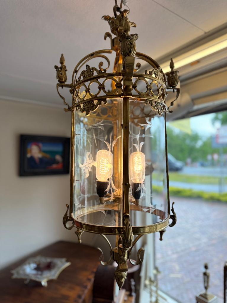 Grote bronzen hal lamp, Ophalen, Zo goed als nieuw, Glas