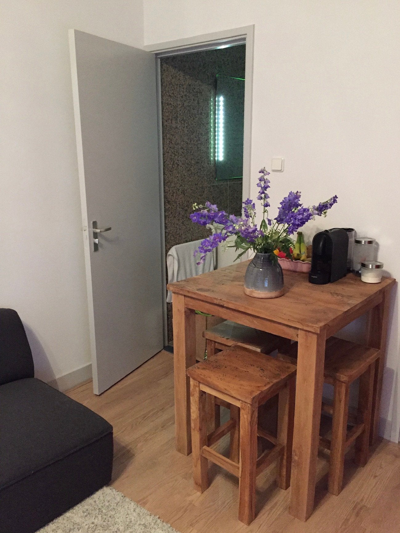 Teakhouten bartafel met 3 krukken, Ophalen, Gebruikt