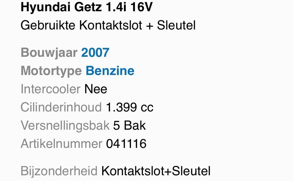 Contactslot + sleutel Hyundai Getz, Auto-onderdelen, Ophalen, Gebruikt, Hyundai
