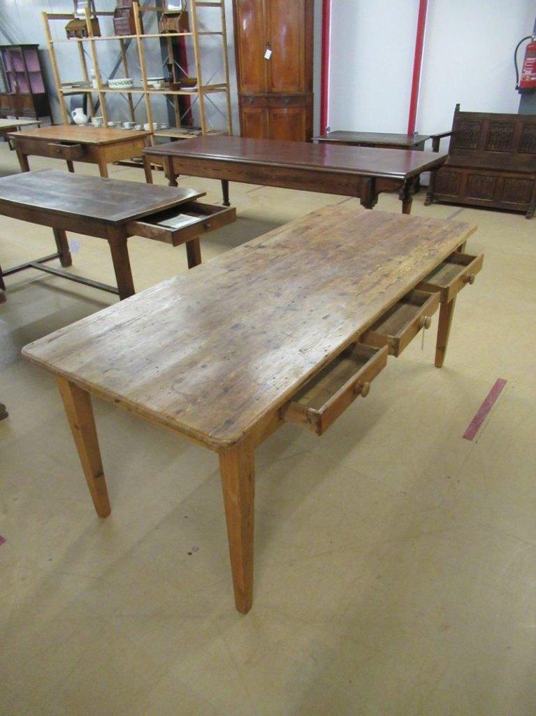 Oer 11811 vintage grenenhouten tafel met 3 laden, 200 cm, Ophalen
