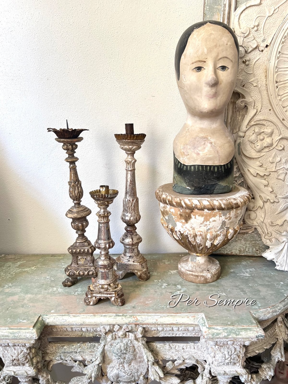 Per Sempre,  Zeldzame Kleine Antieke Bladzilveren Kandelaars, Ophalen of Verzenden