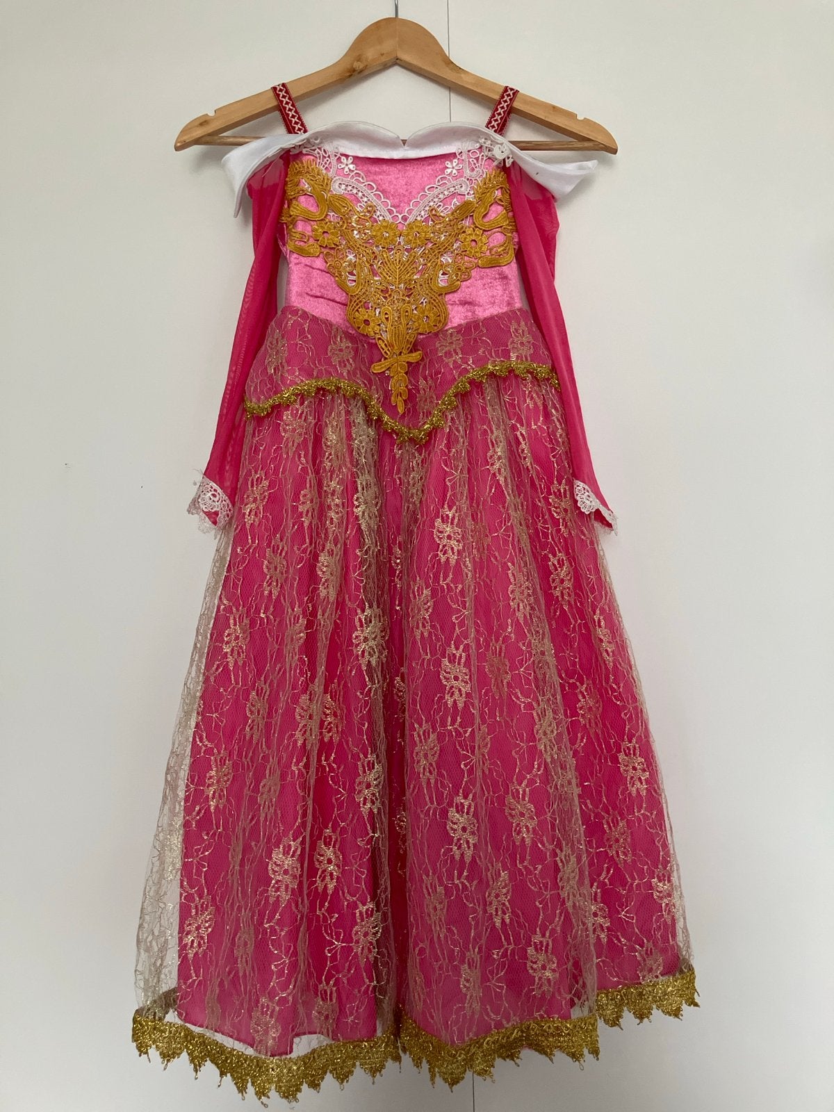 Prinsessenjurk roze en goud met accessoires, Ophalen, Zo goed als nieuw, 122 t/m 128, Meisje
