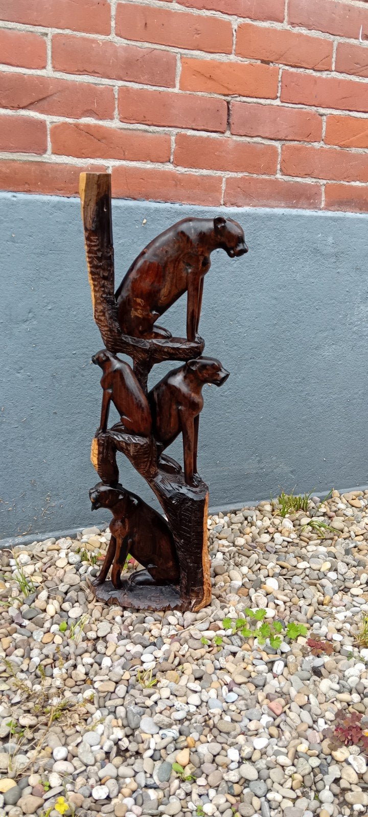 Vintage Afrikaans Ebbenhouten Beeld van 4 Panters, Antiek en Kunst, Kunst | Beelden en Houtsnijwerken, Beeld, Hout, Zoogdier, 50 - 100 cm