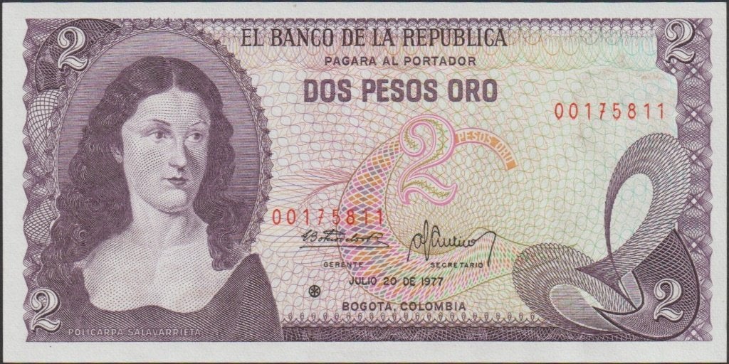 Colombia 2 pesos oro 1977 UNC p.413b (# 80), Verzenden, Zuid-Amerika, Los biljet