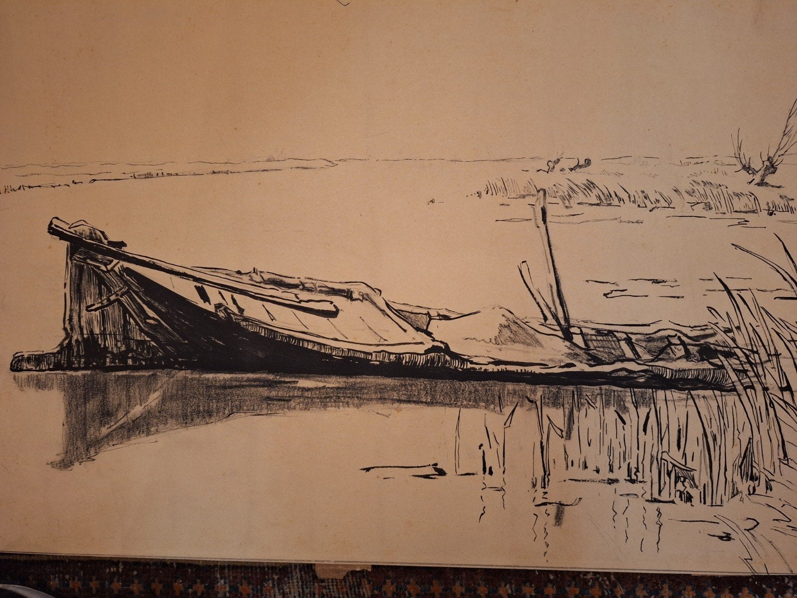 Inkttekening platbodem van Toon de Jongh, Antiek en Kunst, Ophalen of Verzenden, Tekening, Pentekening, Origineel