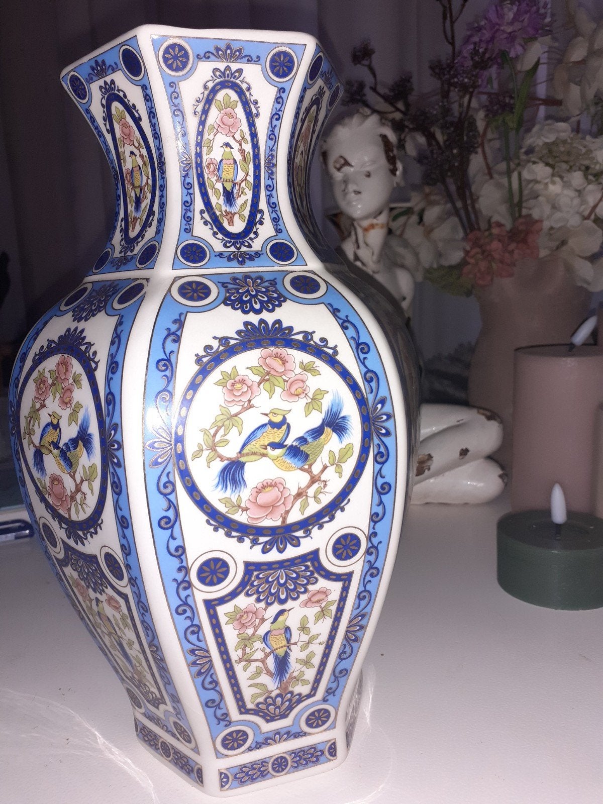 Vintage Aziatische zeshoekige vaas met bloemen en vogels, Ophalen of Verzenden