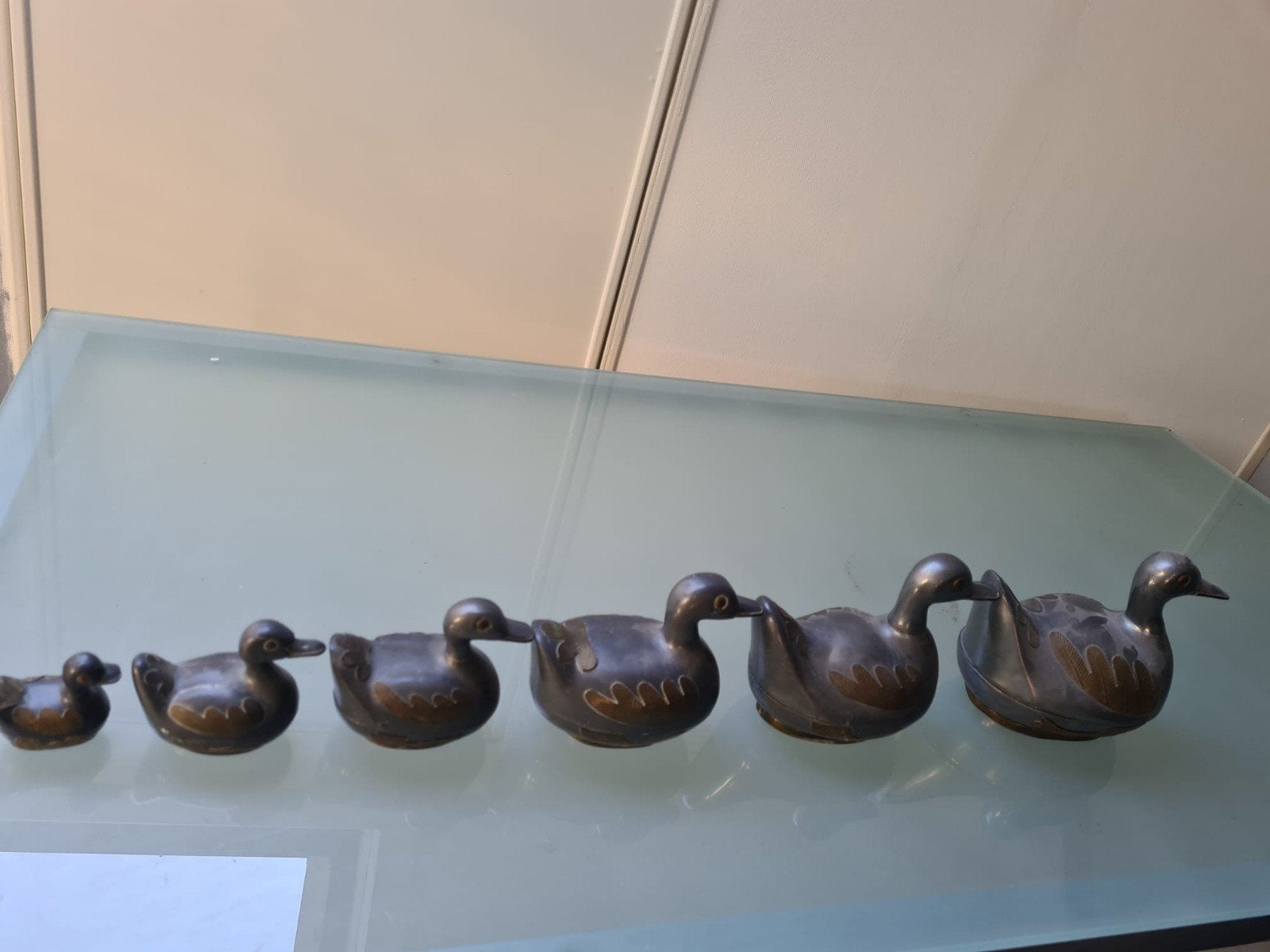 Set van 6 metalen met koper eenden beeldjes, Ophalen