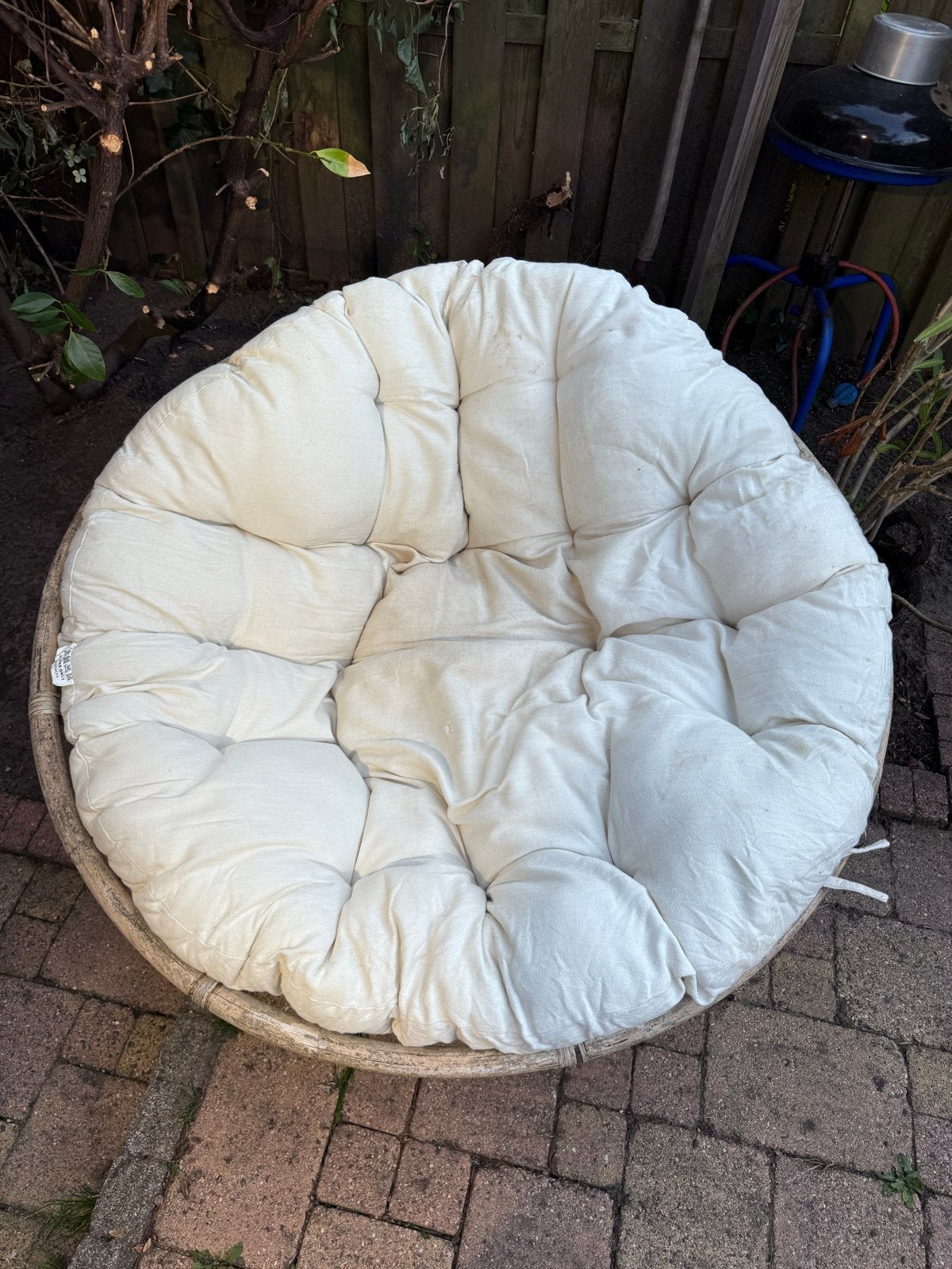 Papasan stoel met kussen - Weinig gebruikt, Ophalen of Verzenden, Zo goed als nieuw, Rotan