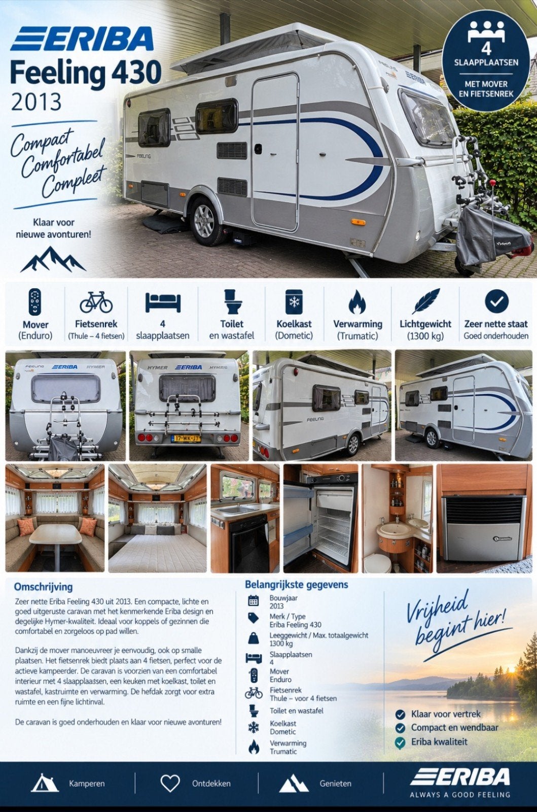 Eriba Feeling 430 2013. Mover. 4 pers. Nieuwe banden., Overige typen, Fietsenrek, Treinzit, Particulier