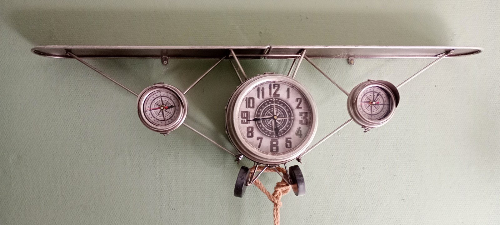 Unieke Vliegtuig Wandklok met Kompassen, Ophalen, Vintage, Analoog, Werkt op batterijen