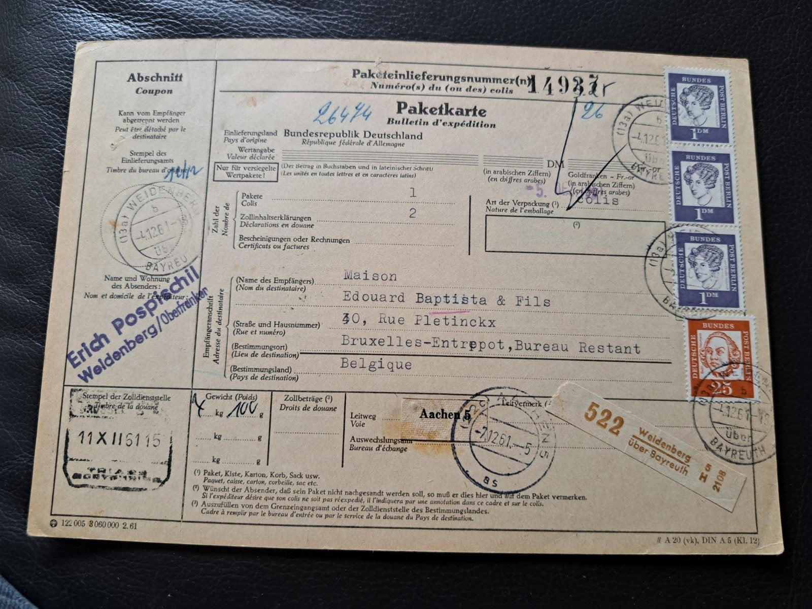 Oude vrachtbrief Duitsland 1961 met postzegels, Verzenden, 1960 tot 1980, Gelopen, Duitsland