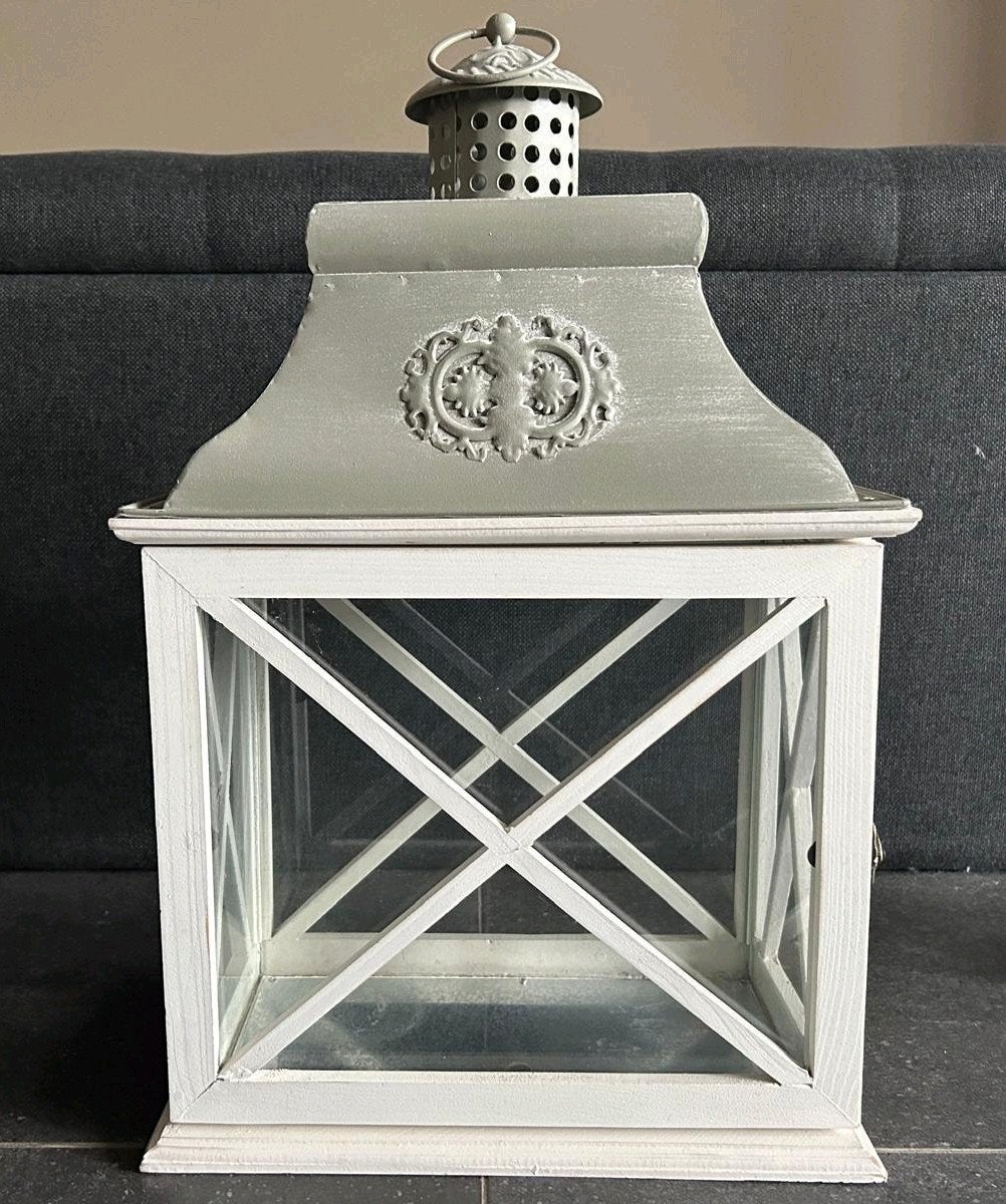 Decoratieve Lantaarn Wit/Grijs - Sfeervolle Verlichting, Ophalen, Lantaarn, Zo goed als nieuw, Hout