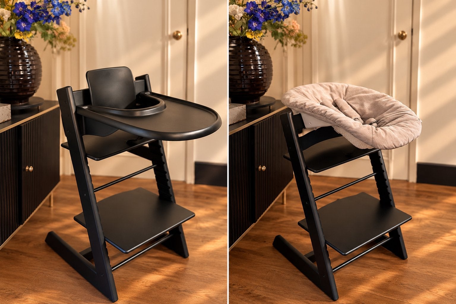 Stokke Tripp Trapp Zwart + Newborn Set + Babyset + Tray, Ophalen, Zo goed als nieuw, Meegroeistoel, Aanschuifbaar