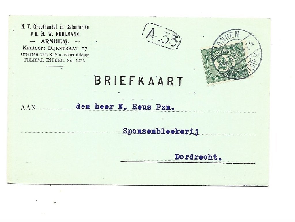 Arnhem- Groothandel in Galanteriën v.h.H.W.Kohlmann, Verzenden, Briefkaart