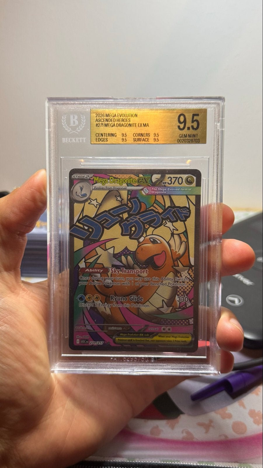 Mega Dragonite EX Beckett 9.5, Ophalen of Verzenden, Zo goed als nieuw, Losse kaart