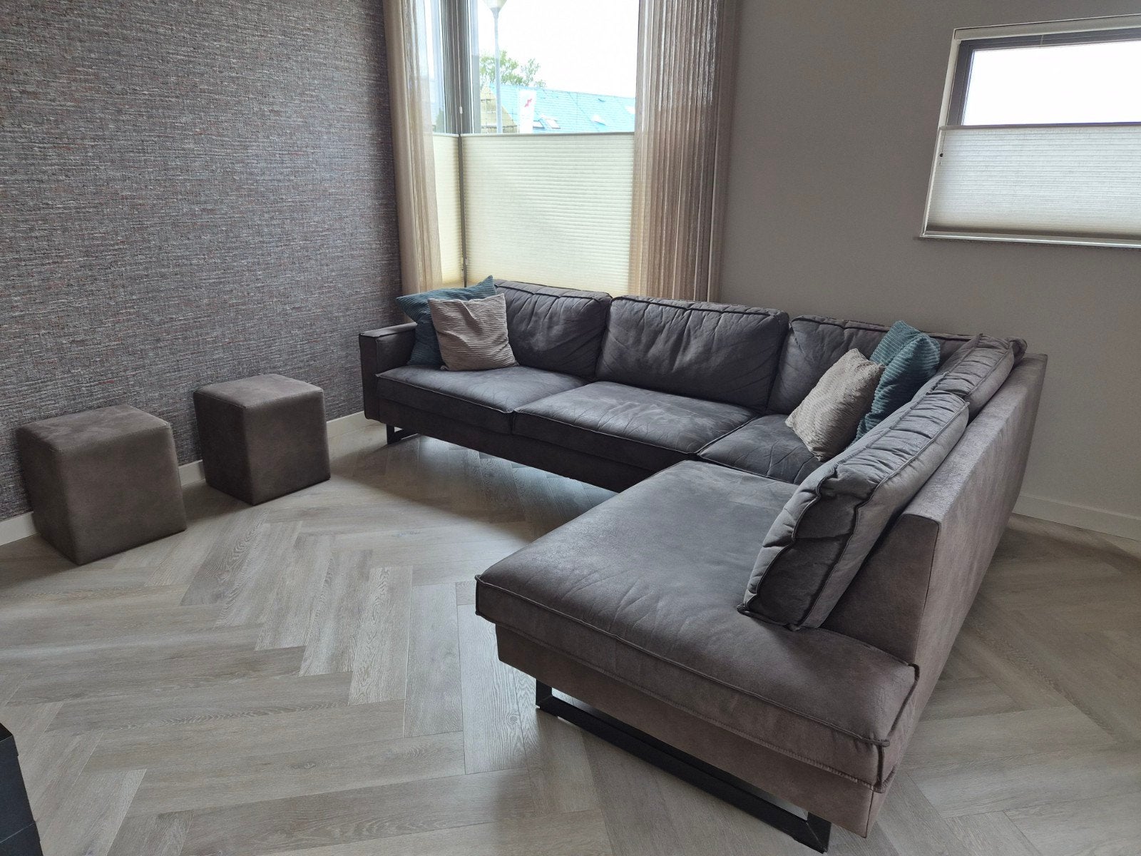 royale hoekbank met 2 poefs, Ophalen, Gebruikt, Leer, Modern