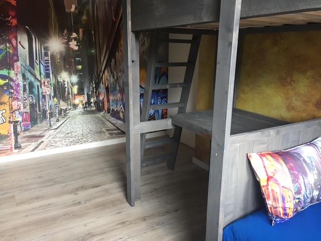 Steigerhouten Hoogslaper met Matras, Lattenbodem en Kussens, Ophalen, Gebruikt, Hoogslaper