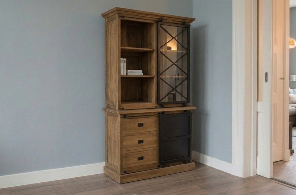 Teak Vitrinekast industrieel 120 cm, Huis en Inrichting, Kasten | Vitrinekasten, Ophalen, 100 tot 150 cm, 200 cm of meer, Nieuw