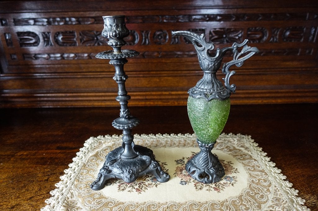 prachtige antieke gietijzeren kandelaar met vaas / wijnkruik, Antiek en Kunst, Ophalen of Verzenden