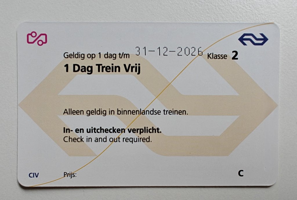 1 Dag Trein Vrij - treinkaartje - 6 stuks - 45 euro per st., Eén persoon, Trein, Nederland, Algemeen kaartje