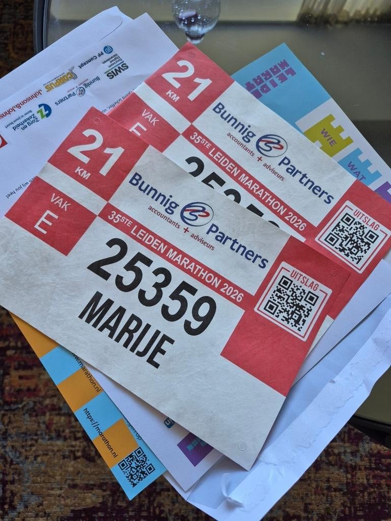 2 Startnummers Leiden Marathon 2026 - 21 KM, Overige merken, Overige typen, Nieuw, Ophalen of Verzenden