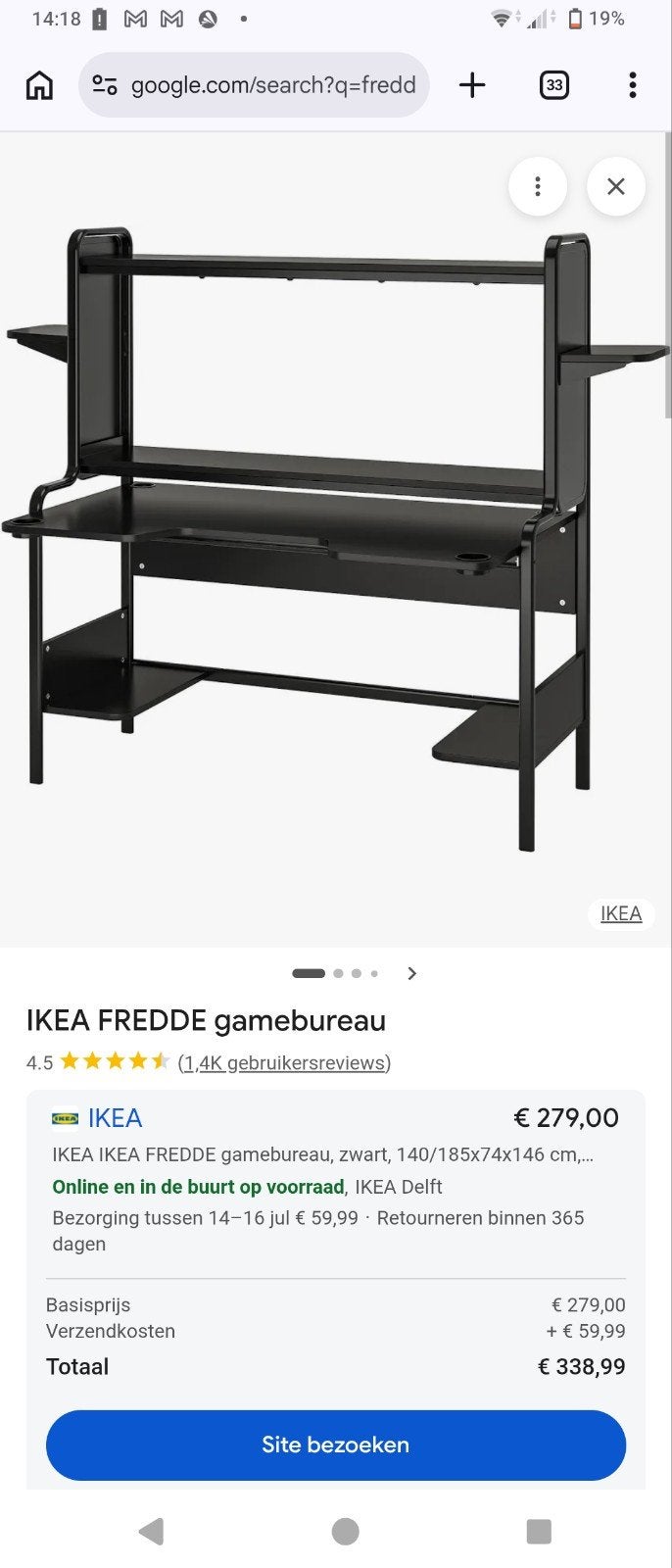 IKEA FREDDE gamebureau - Zwart, 140/185x74x146 cm, Huis en Inrichting, Bureaus, Ophalen, Spaanplaat of MDF, Zo goed als nieuw