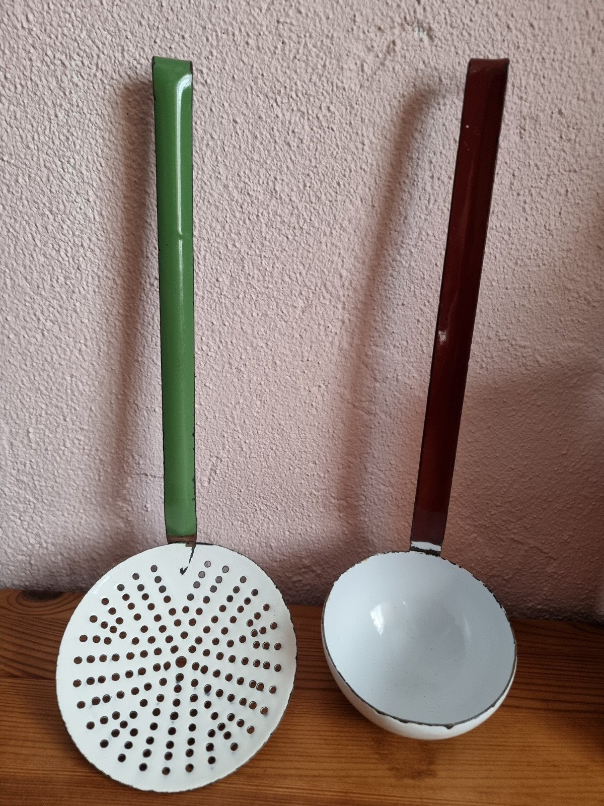 Oude emaille soeplepel en schuimspaan set, Antiek en Kunst, Ophalen of Verzenden