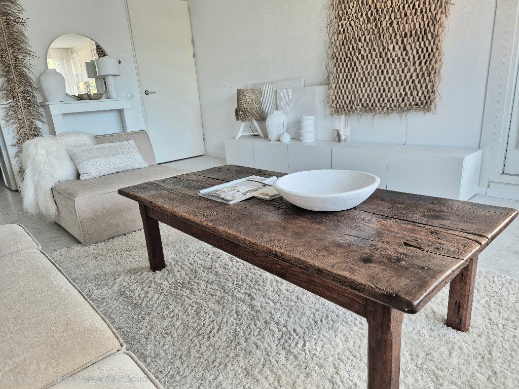 Oude houten authentieke sobere robuuste salontafel India, Huis en Inrichting, Ophalen, 100 tot 150 cm, 50 tot 100 cm, Zo goed als nieuw