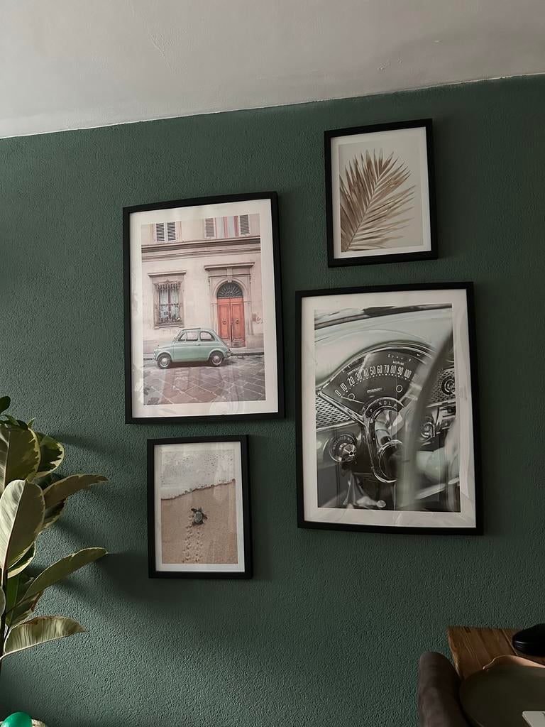 Set van 4 posters met lijsten, Ophalen of Verzenden, Zo goed als nieuw, Hout, Minder dan 50 cm