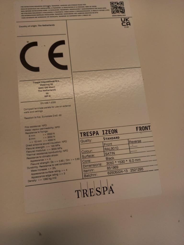 Trespa RAL9010 6 mm dikte diverse afmetingen, Doe-het-zelf en Verbouw, Ophalen, Nieuw, HPL