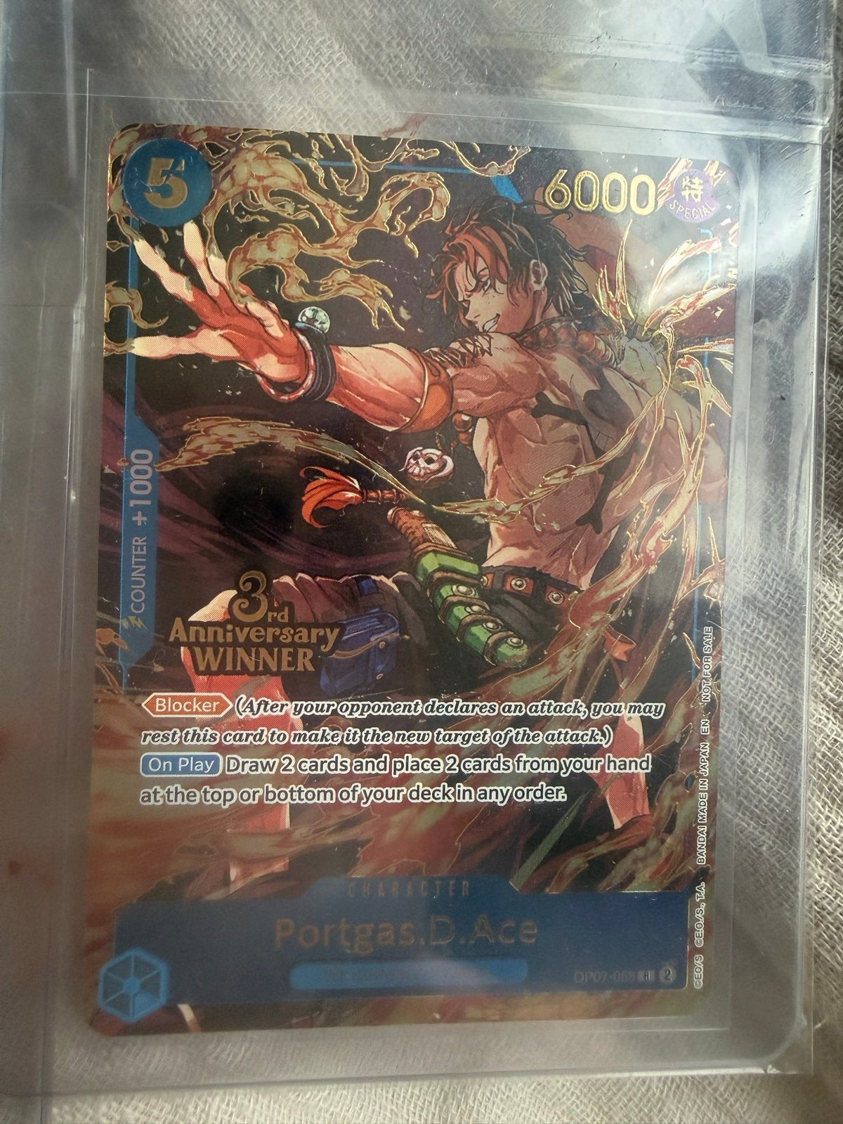 One Piece Card Game Portgas D. Ace DP02-001 SR 3rd Anniversa, Ophalen of Verzenden, Zo goed als nieuw, Losse kaart, Foil