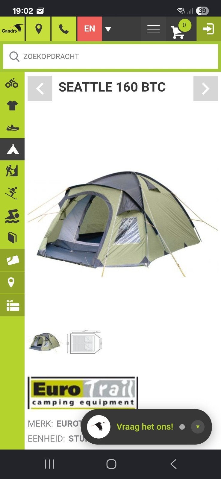 Eurotrail seattle 2 BTC  Tweepersoons tent, Ophalen, Zo goed als nieuw, Tot en met 2