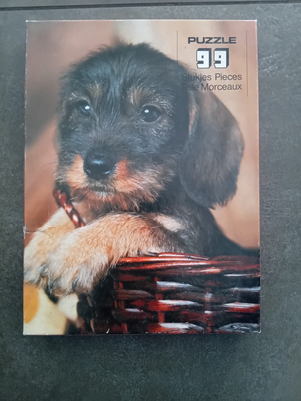 Puzzel met schattige Teckel puppy - 99 stukjes, Ophalen of Verzenden, Minder dan 500 stukjes, Gebruikt, Legpuzzel