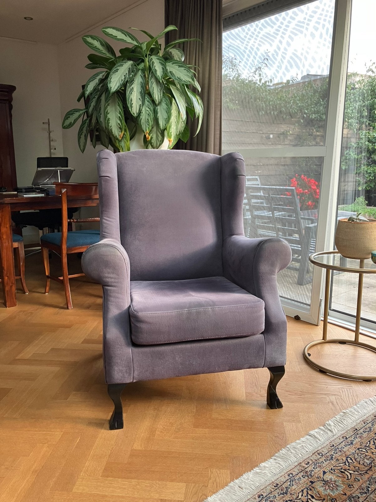 Taupe oorfauteuil, Ophalen, Hout, Gebruikt, Klassiek