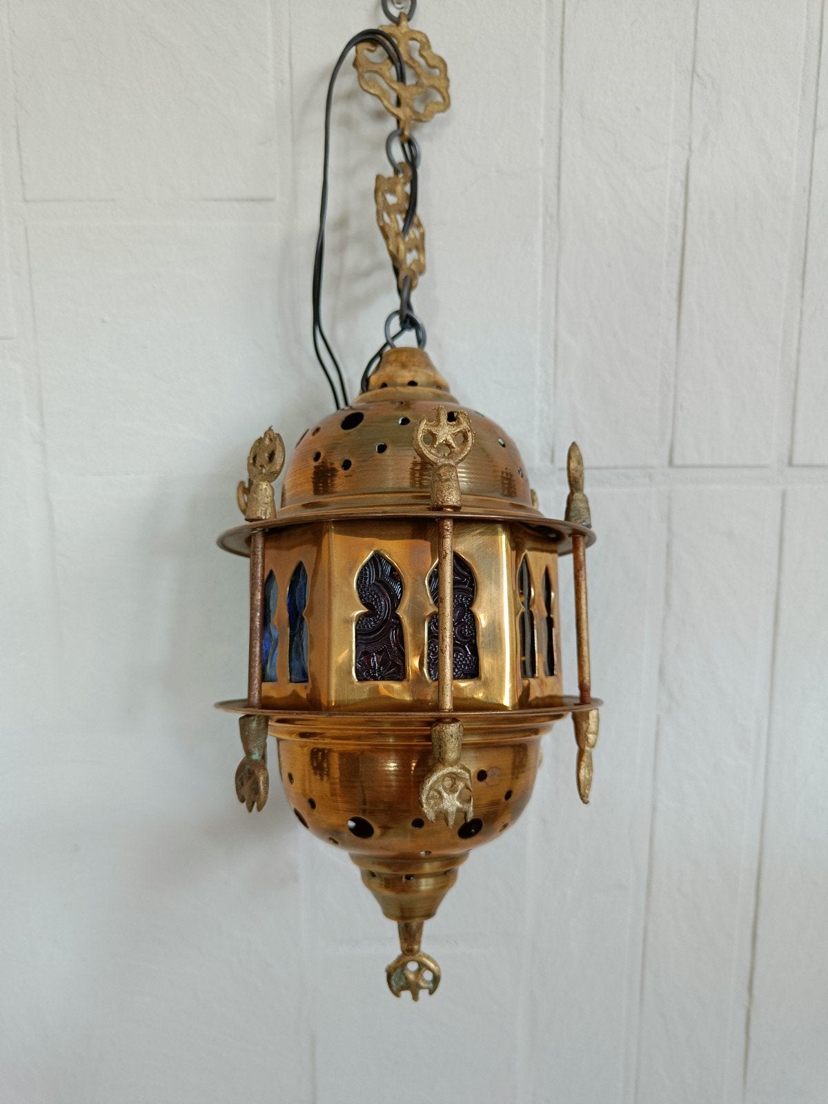 Vintage Oosterse koper/messing hanglamp met gekleurd glas., Ophalen of Verzenden