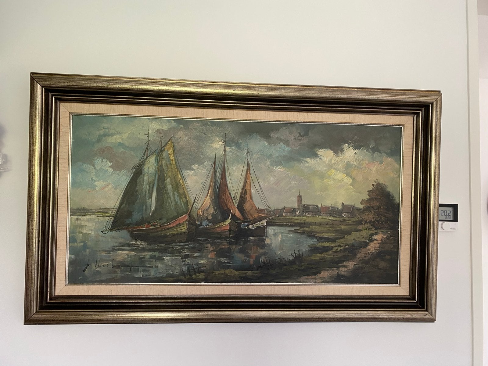 Schilderij: Hollandse botters in haven, gesigneerd, Maritiem / water, Doek, Realistisch, Ophalen of Verzenden
