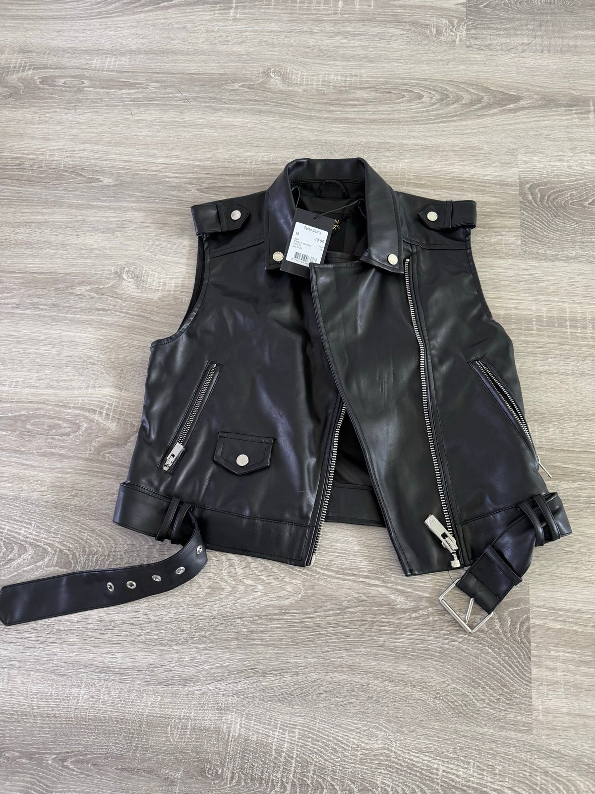 Zwart kunst leren biker gilet met riem, Ophalen of Verzenden, Nieuw, Maat 38/40 (M), Zwart