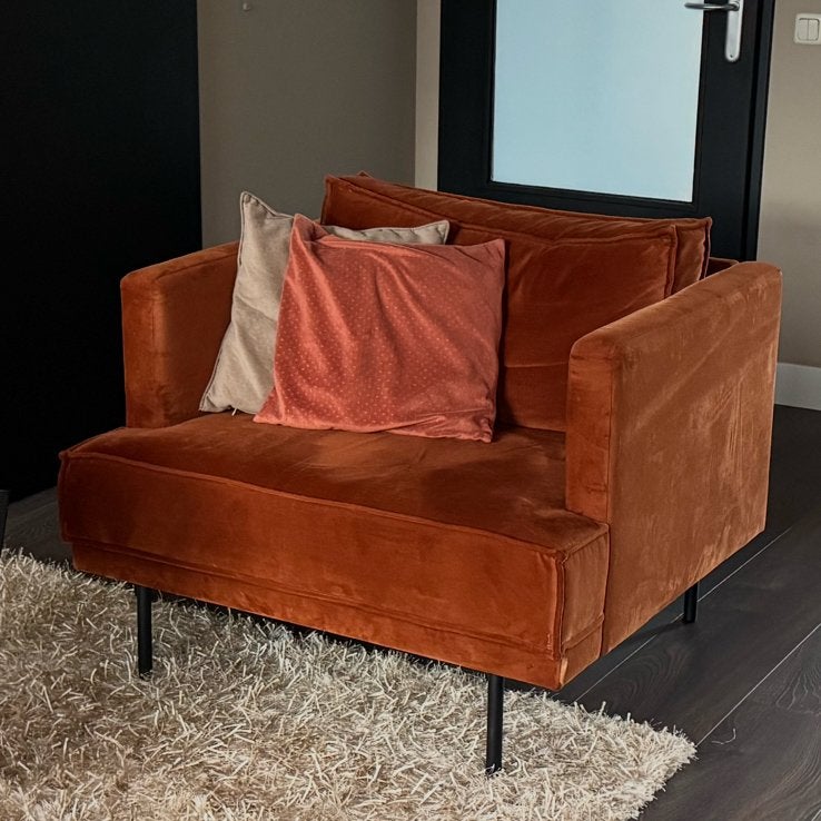 Ruime verlours terracotta fauteuil, Ophalen, Gebruikt, 75 tot 100 cm, 75 tot 100 cm
