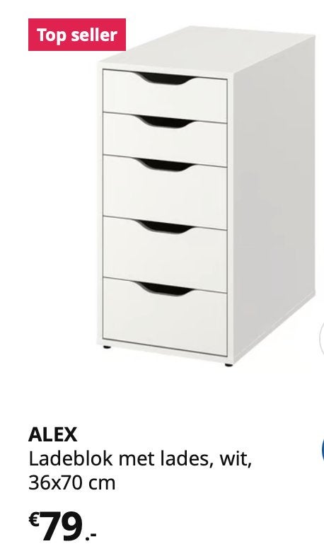 IKEA ALEX Ladeblok, Ophalen, Minder dan 50 cm, 5 laden of meer, Zo goed als nieuw