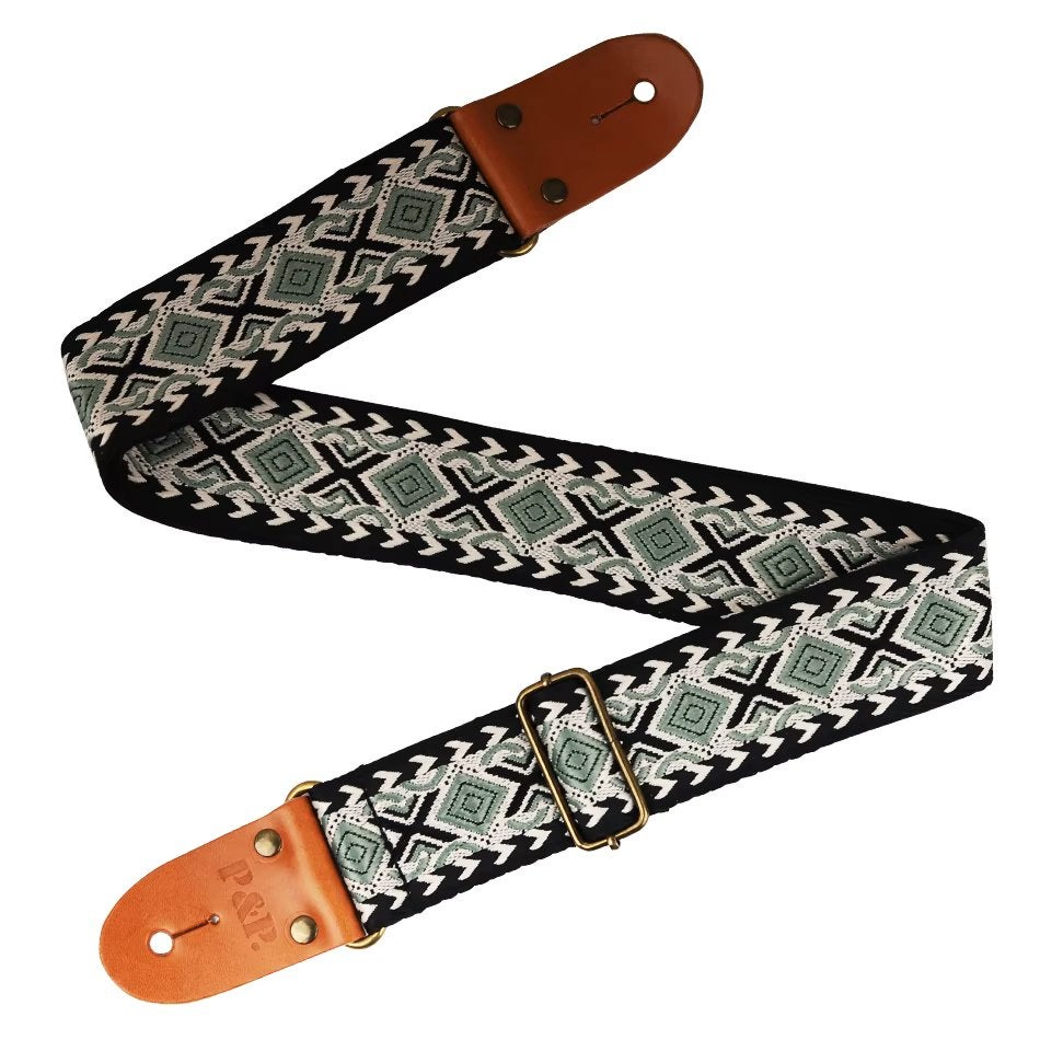 P&P geborduurde katoenen groen zwart (bas)gitaarband strap, Muziek en Instrumenten, Instrumenten | Toebehoren, Moku Custom Guitars
