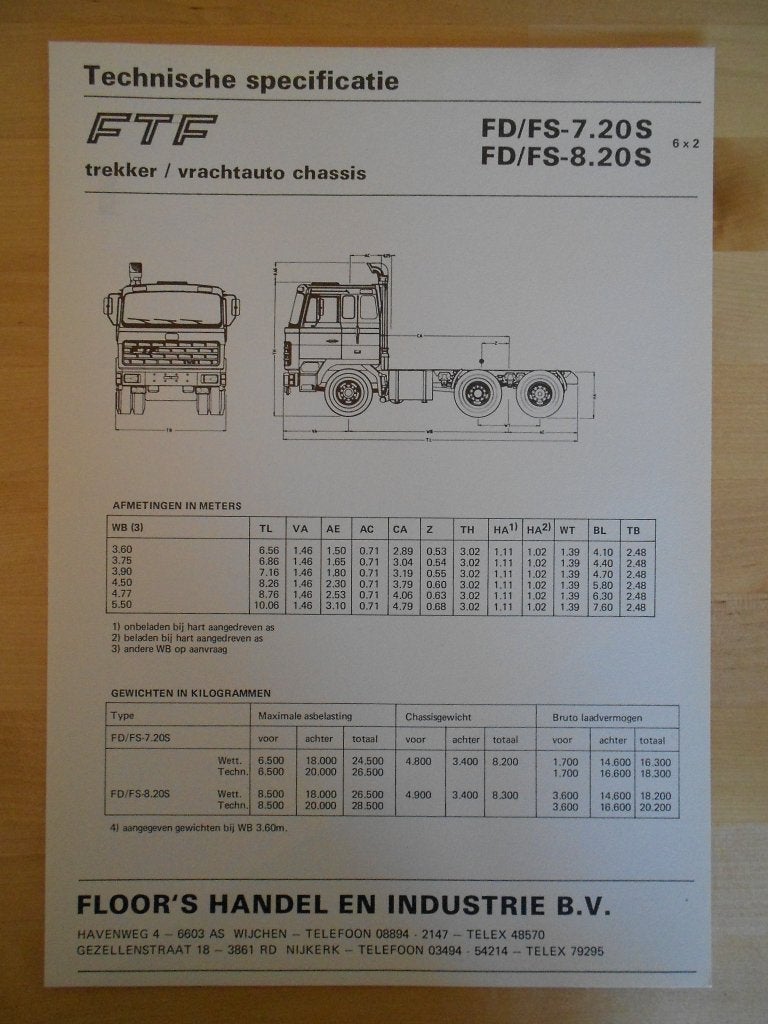 FTF 6x2 ca 1985 Technische Specificatie Brochure, FTF, Ophalen of Verzenden, Zo goed als nieuw, Overige merken