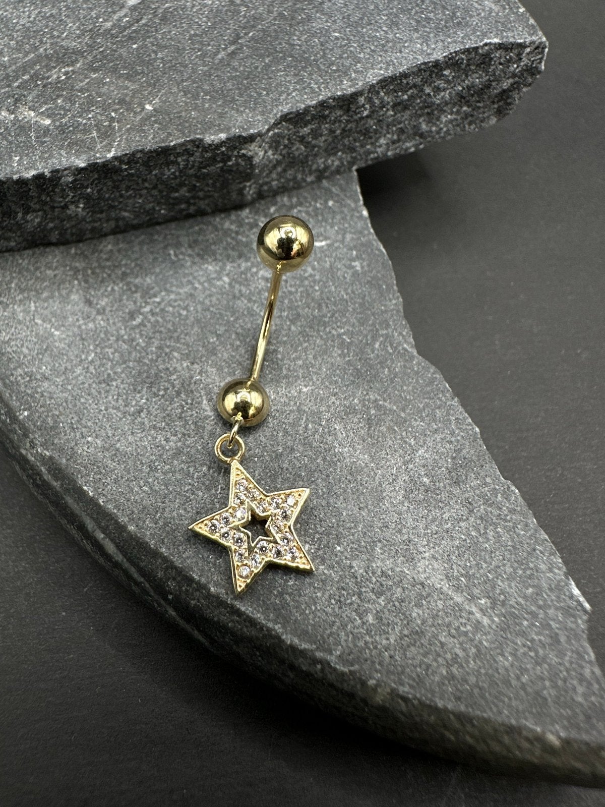 14k Gouden Navelpiercing met Ster en Strass, Navelpiercing, Nieuw, Ophalen of Verzenden, Goud