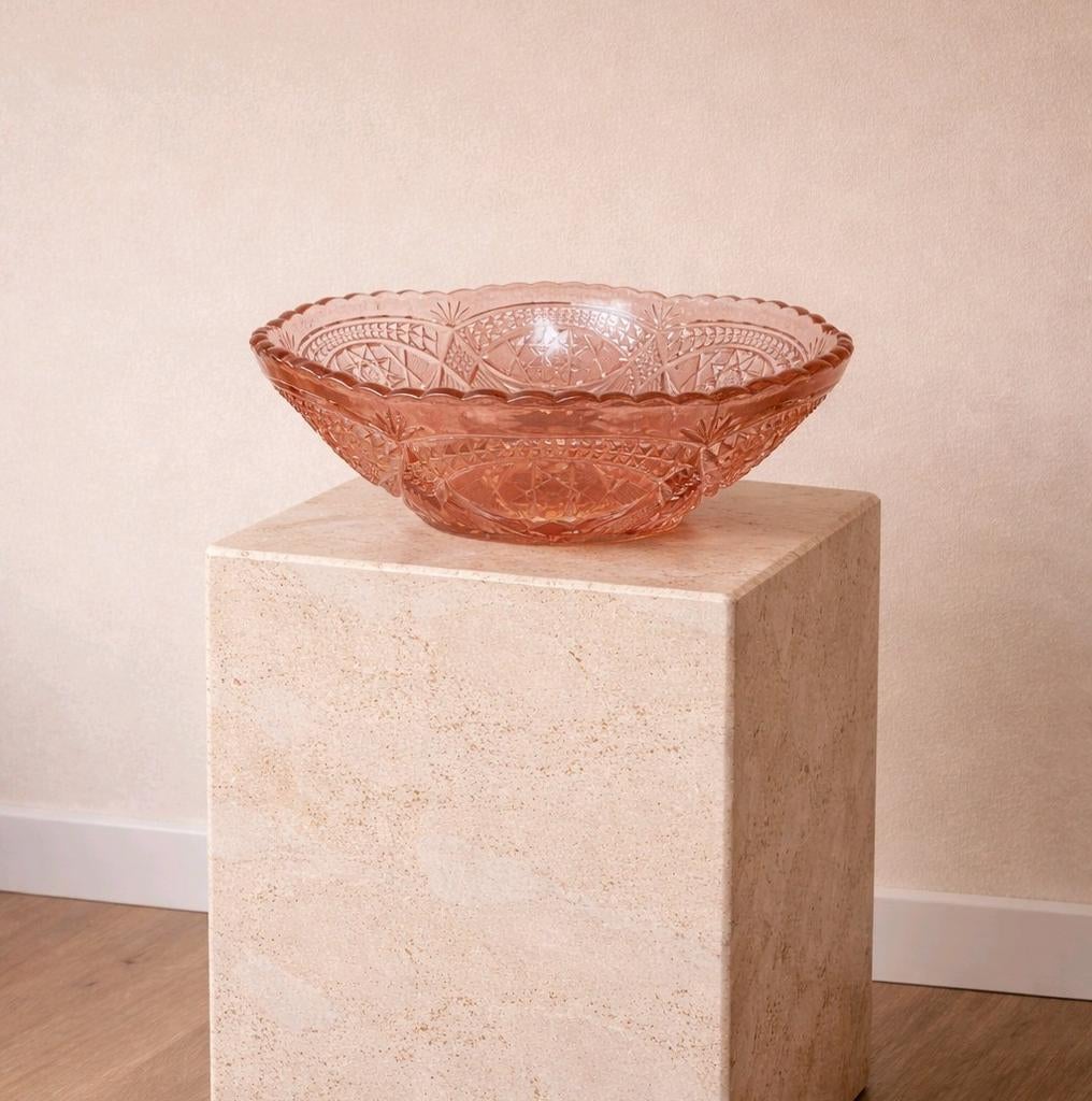 Vintage roze persglas schaal, Ophalen of Verzenden, Zo goed als nieuw, Rond, Glas