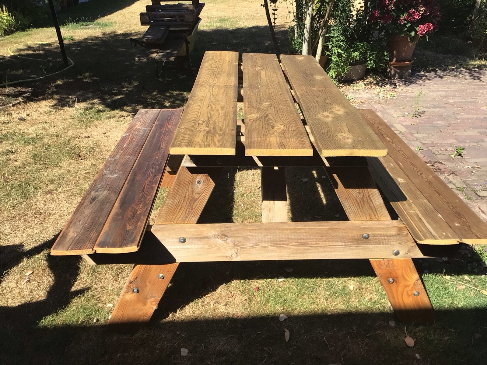 Gerestaureerde picknicktafel 150x150 cm, Ophalen, Gebruikt, Vierkant, Hout