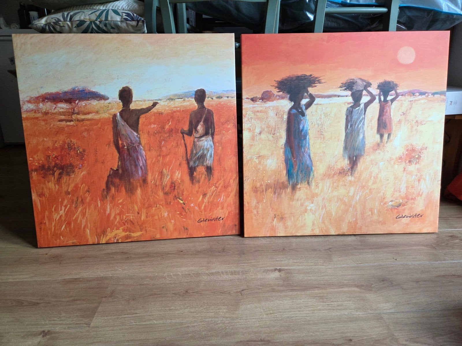 Twee Afrikaanse schilderijen op doek - 70x70, Huis en Inrichting, Woonaccessoires | Schilderijen, Tekeningen en Foto's, Ophalen