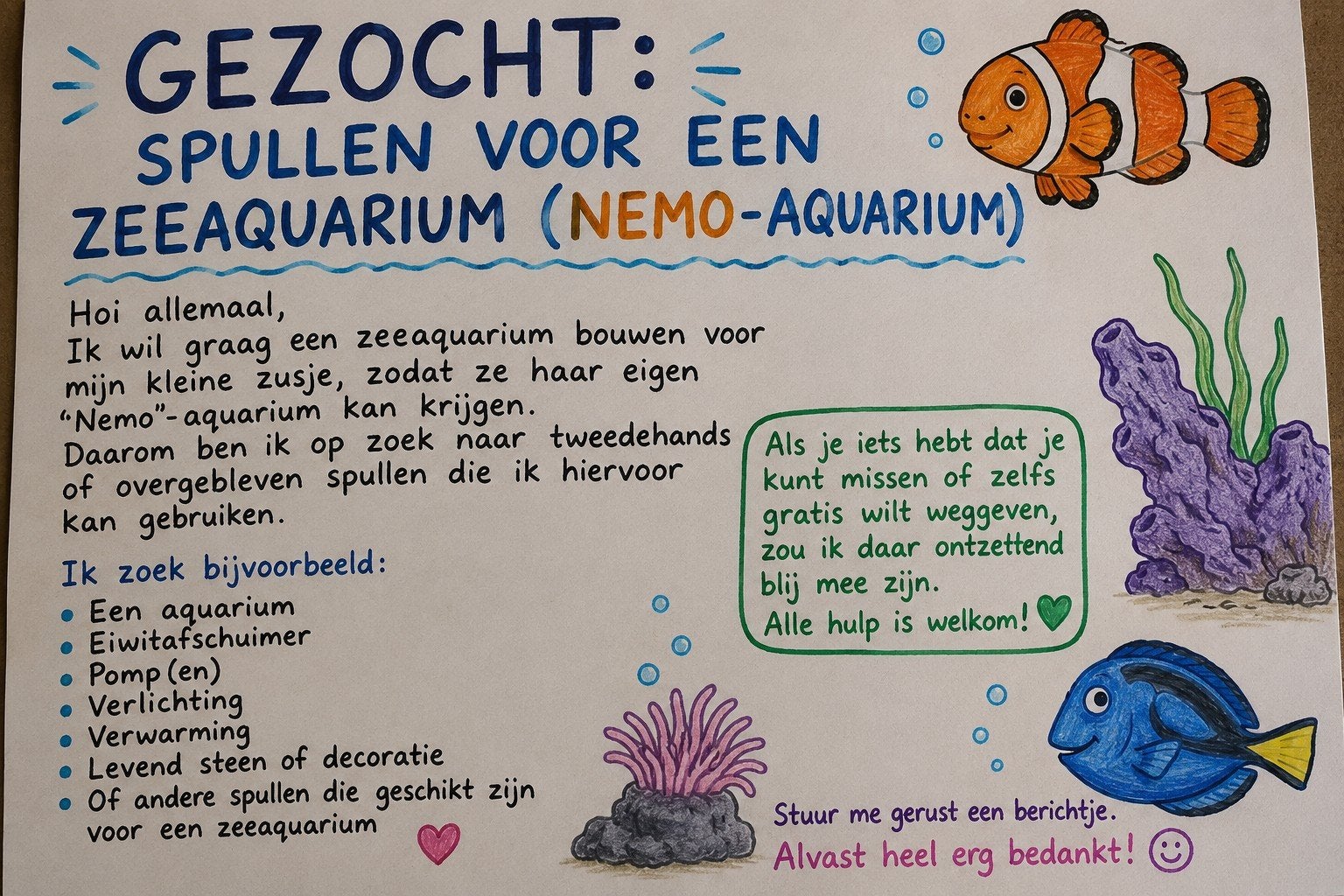 Gezocht: Spullen voor een zeeaquarium, Ophalen