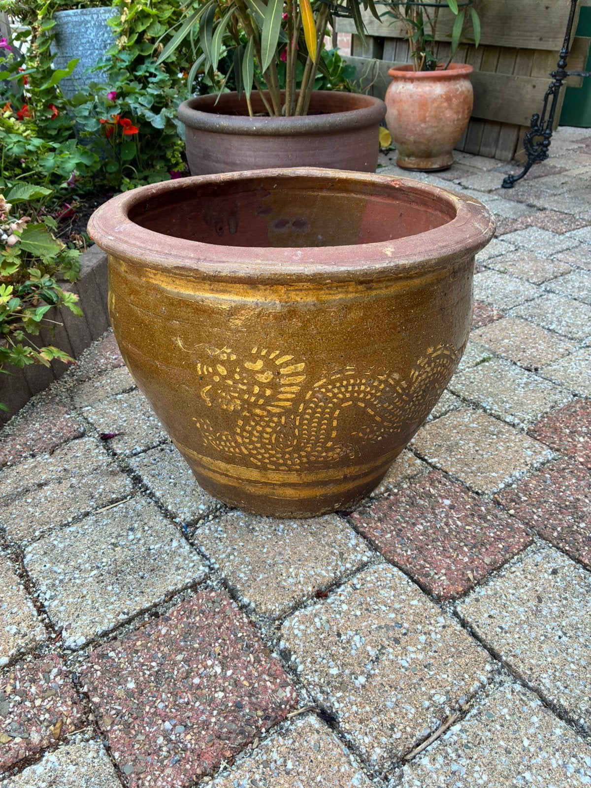 Grote Chinese Bloempot Drakenmotief, Gebruikt, Rond, Aardewerk, Ophalen