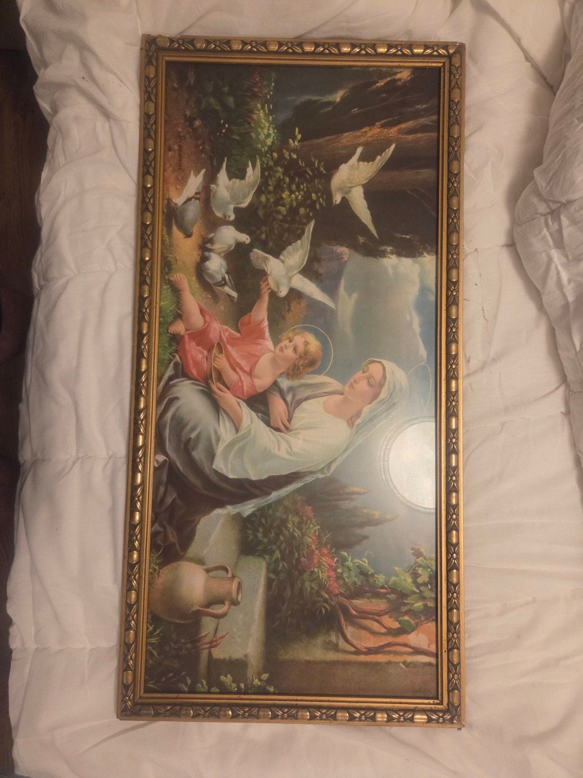 Maria met kindje Jezus en duiven - Klassiek schilderij, Ophalen of Verzenden