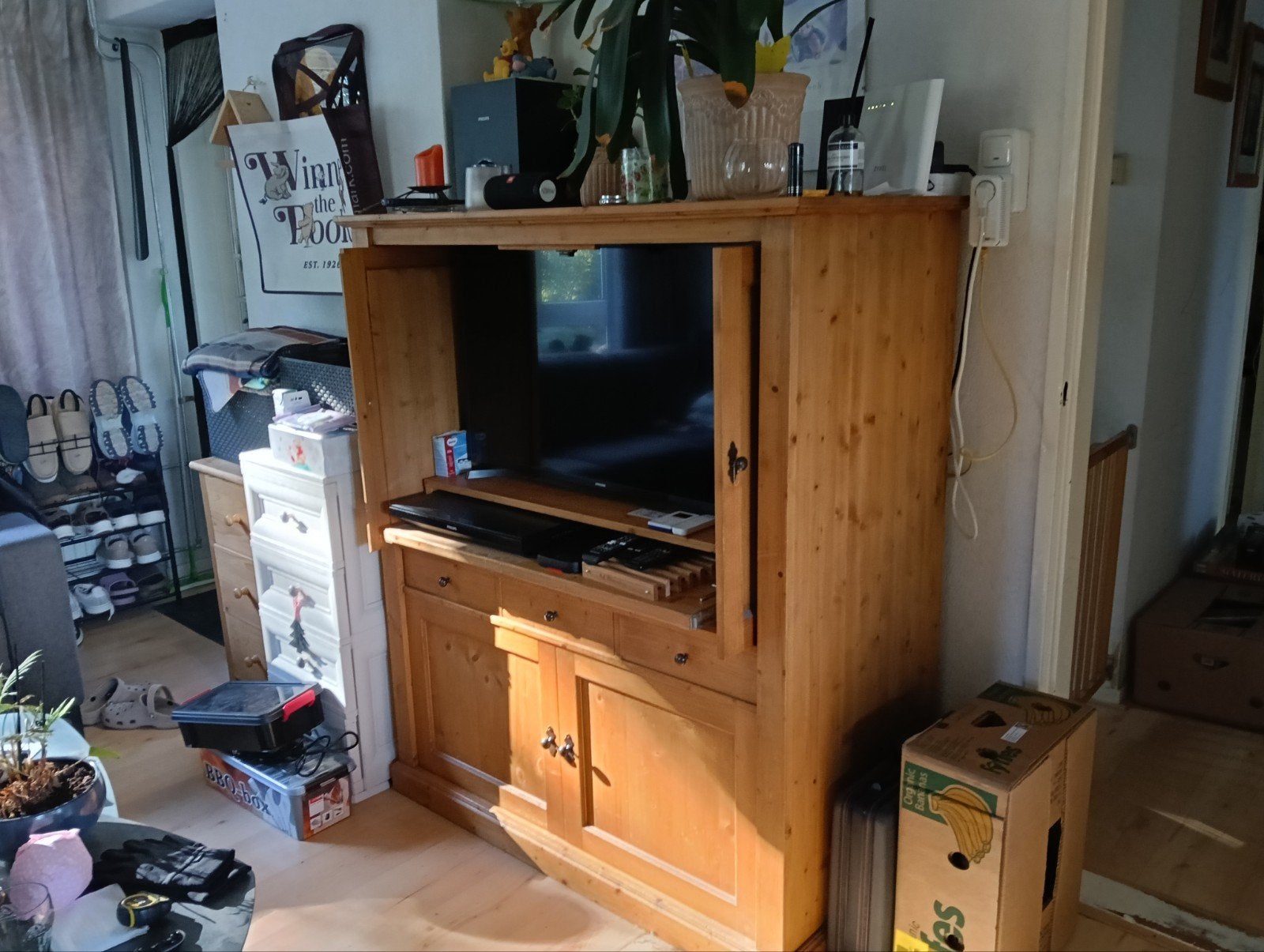 Grenen houten computer meubel met opbergruimte, Ophalen, Gebruikt, 100 tot 150 cm, 100 tot 150 cm