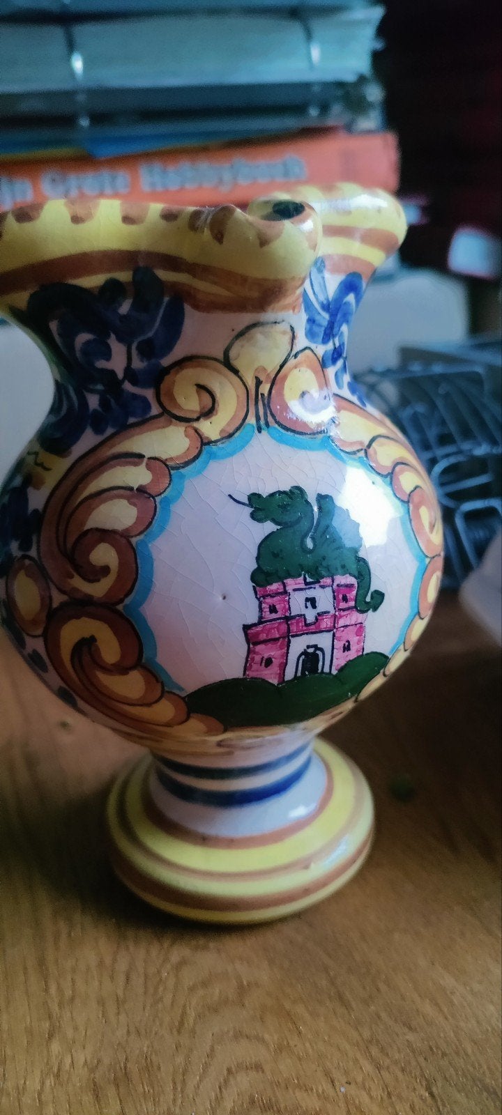 Vintage handgeschilderde keramische kan met draak, Ophalen of Verzenden